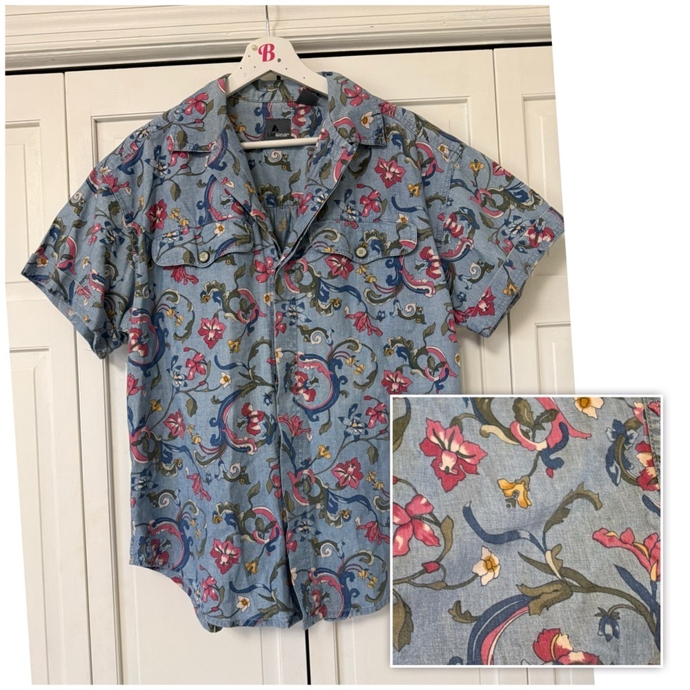Liz Wear Vintage Floral Patterned Button Down Blue Denim Shirt Cottagecore